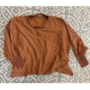 Grade & Gather Women Brown Long Sleeve Button-Down Shirt Top Gathered Wrists  M